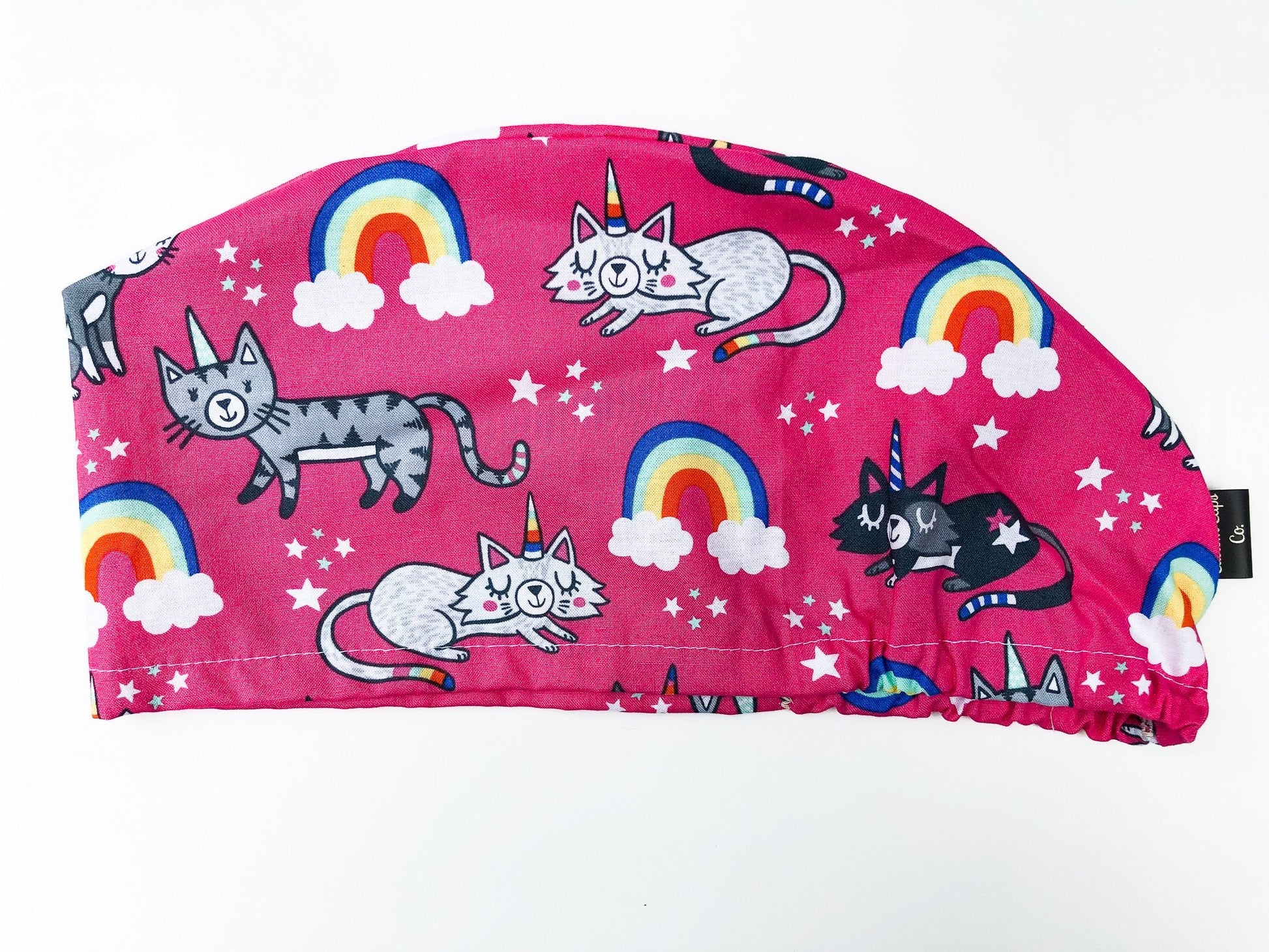Caticorns and rainbows on Hot Pink modified bouffant scrub Hat | Custom Caps Company